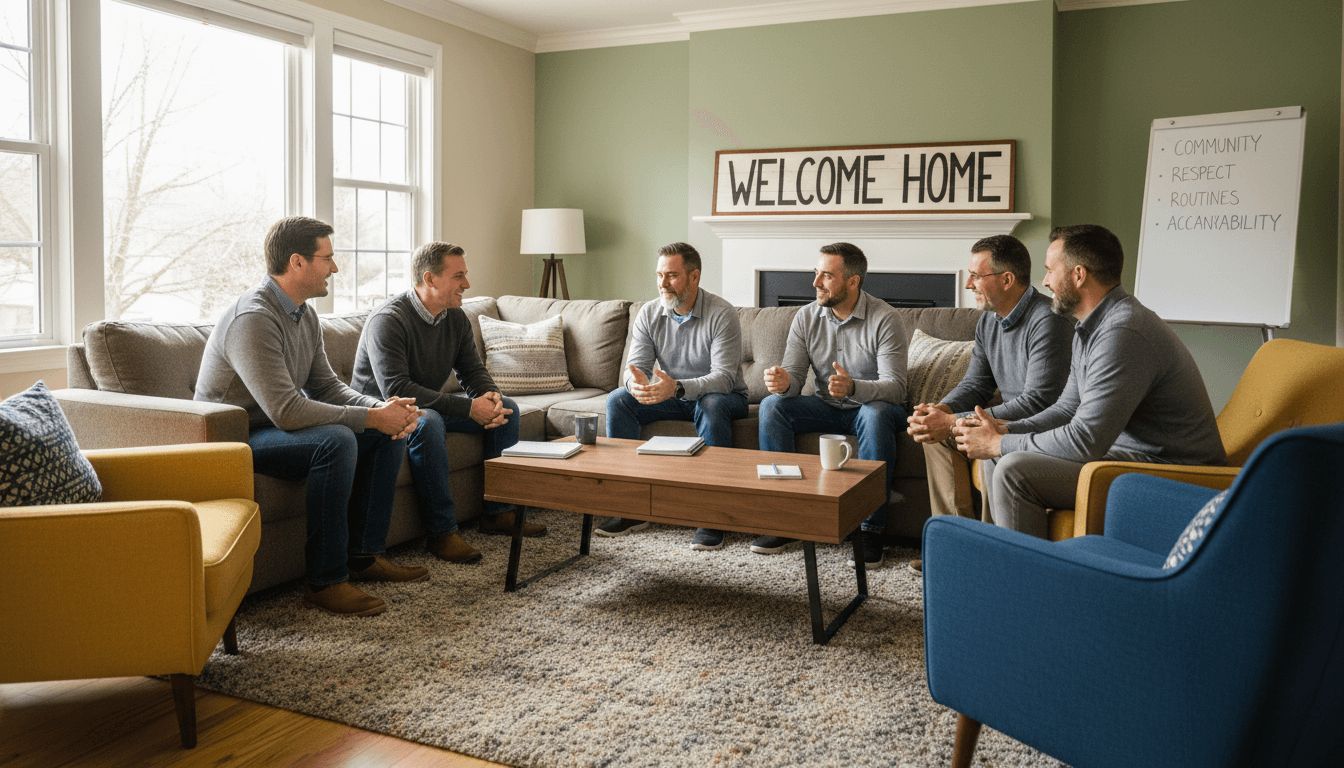 Diverse group of men in a welcoming living room engaging in a supportive meeting.