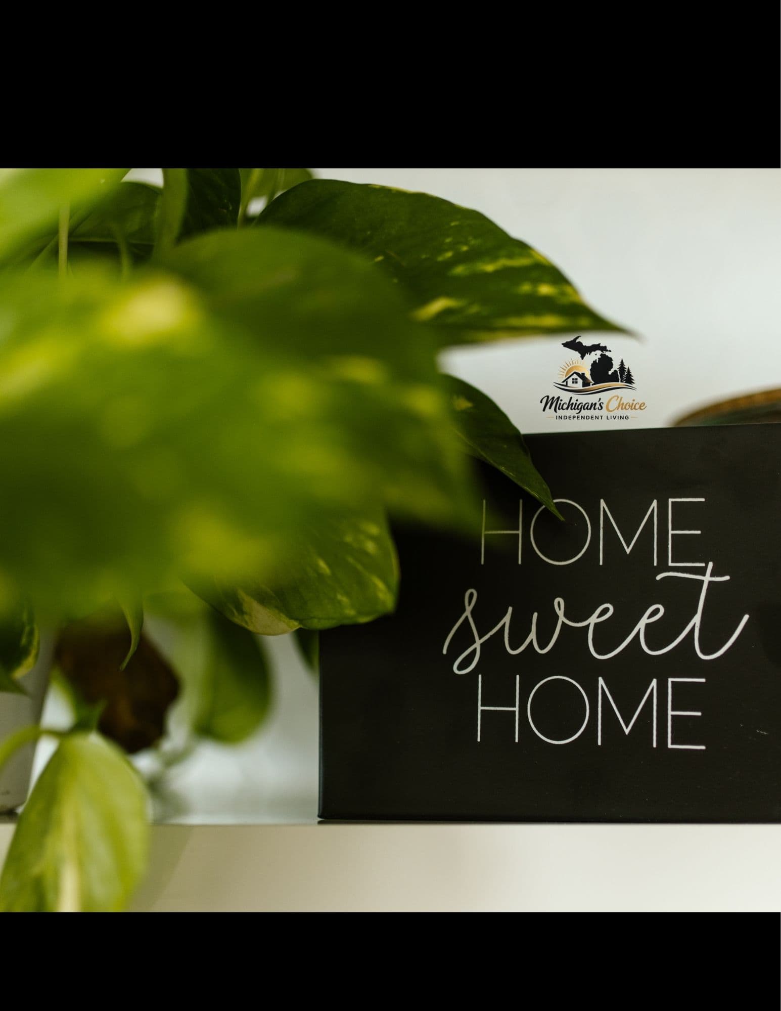 Black sign reading "HOME sweet HOME" beside a green plant and Michigan's Choice logo.
