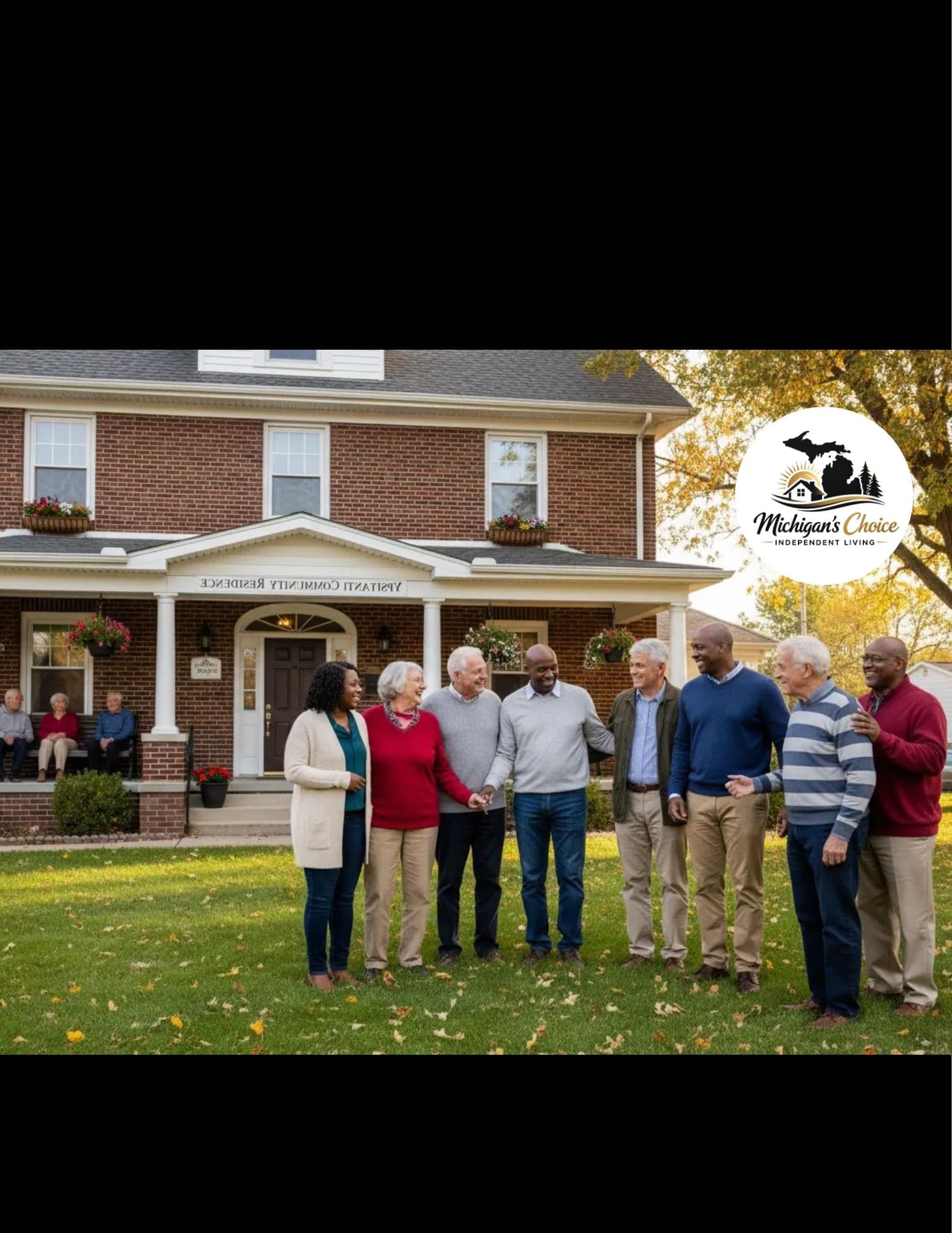 Diverse seniors smiling and standing together on a lawn outside a brick independent living home.